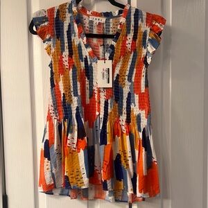 THML Blue and Orange Graphic Ruffled Blouse